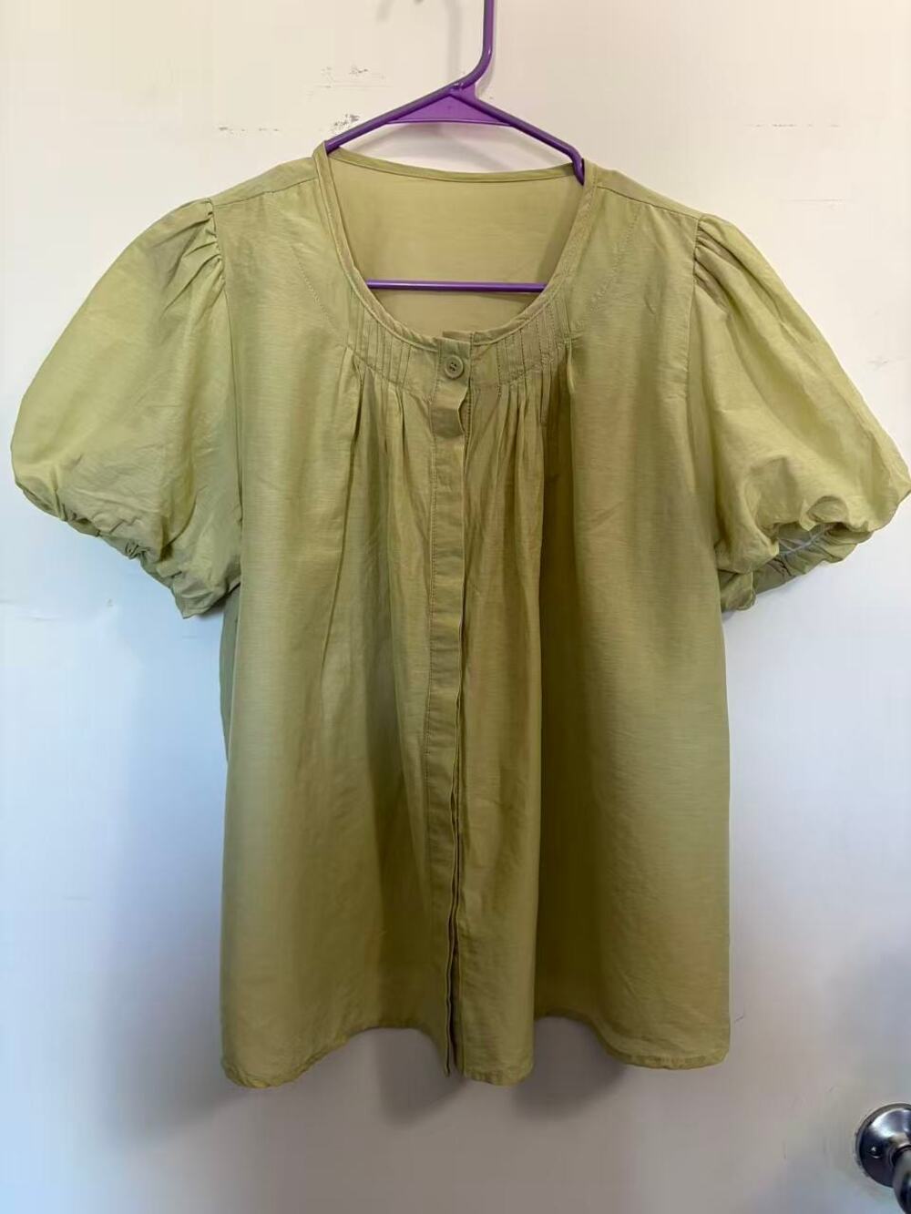 Sage Green Hidden Placket Blouse Puff Sleeve Pintuck Pleated Cotton Top Large